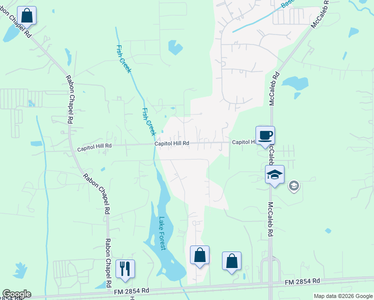 map of restaurants, bars, coffee shops, grocery stores, and more near 15184 Capitol Hill Road in Montgomery