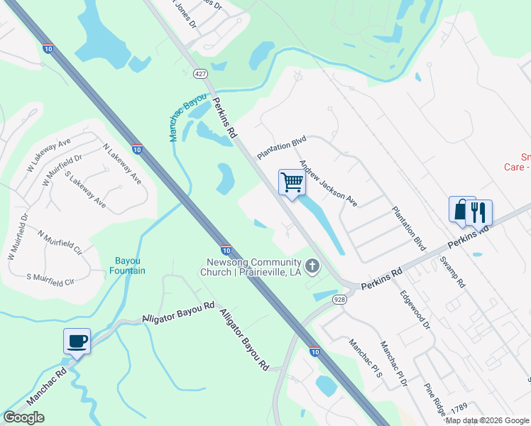 map of restaurants, bars, coffee shops, grocery stores, and more near 18617 Perkins Road in Prairieville