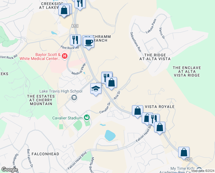 map of restaurants, bars, coffee shops, grocery stores, and more near 3311 Ranch Road 620 South in Austin