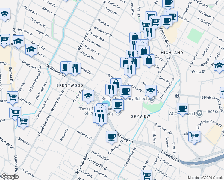 map of restaurants, bars, coffee shops, grocery stores, and more near 6008 North Lamar Boulevard in Austin