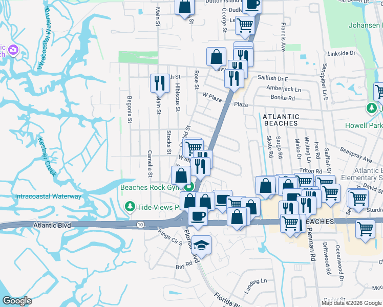 map of restaurants, bars, coffee shops, grocery stores, and more near 42 West 8th Street in Atlantic Beach