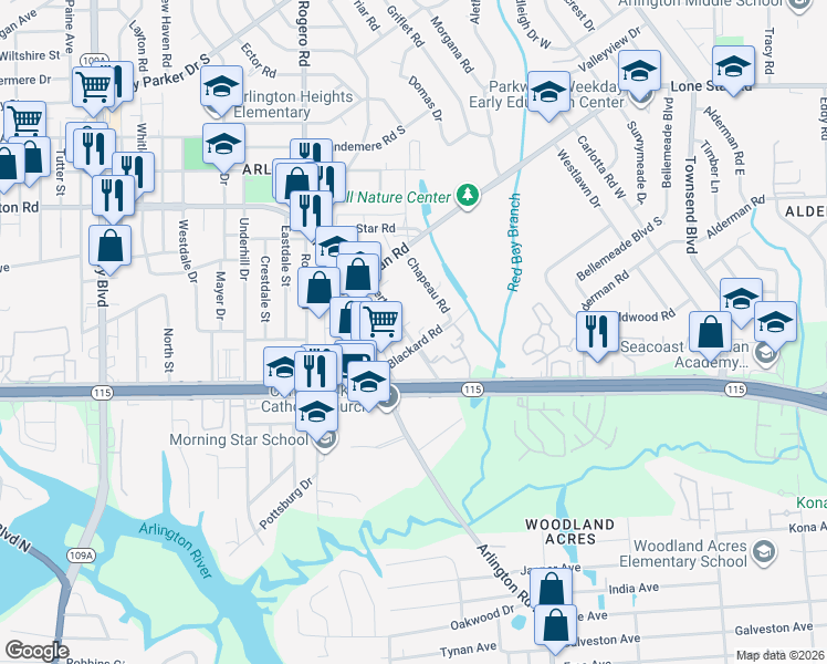 map of restaurants, bars, coffee shops, grocery stores, and more near 1001 Bert Road in Jacksonville