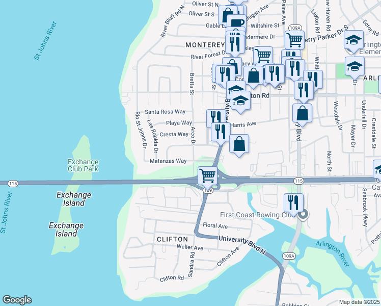 map of restaurants, bars, coffee shops, grocery stores, and more near 5456 Los Santos Way in Jacksonville