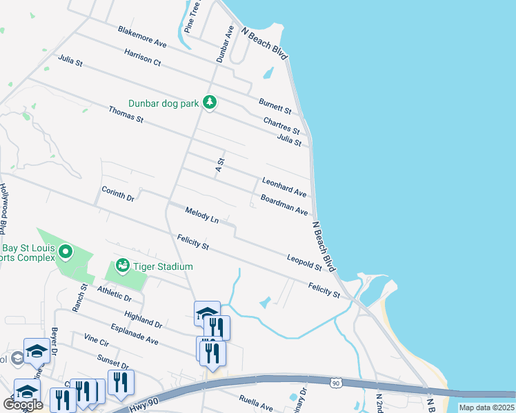 map of restaurants, bars, coffee shops, grocery stores, and more near 123-127 Boardman Avenue in Bay St. Louis