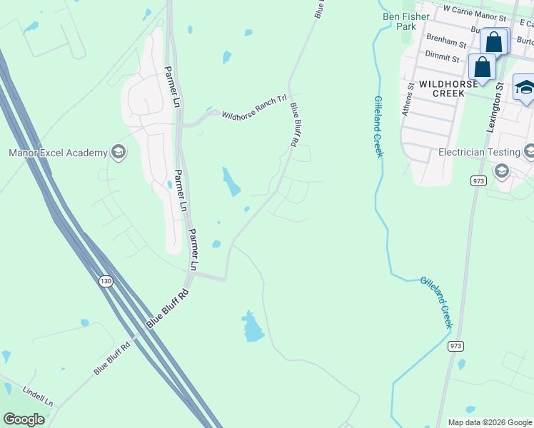 map of restaurants, bars, coffee shops, grocery stores, and more near 11262-11950 Blue Bluff Road in Manor