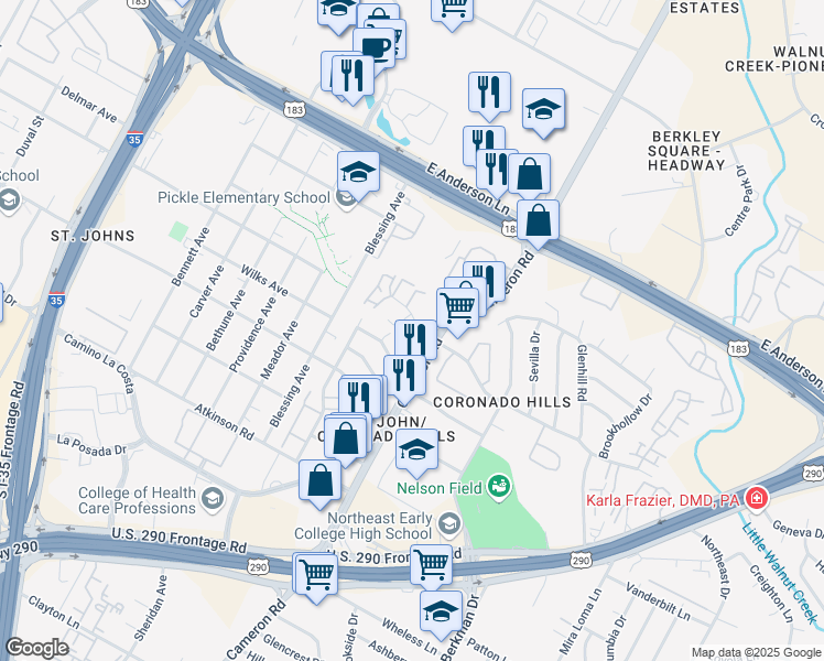 map of restaurants, bars, coffee shops, grocery stores, and more near 1304 Mckie Cove in Austin