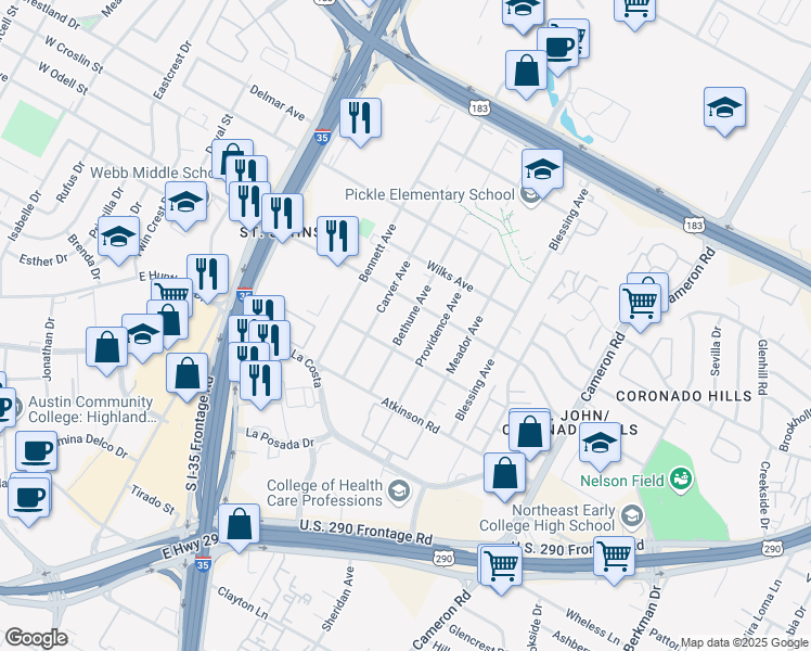 map of restaurants, bars, coffee shops, grocery stores, and more near in Austin