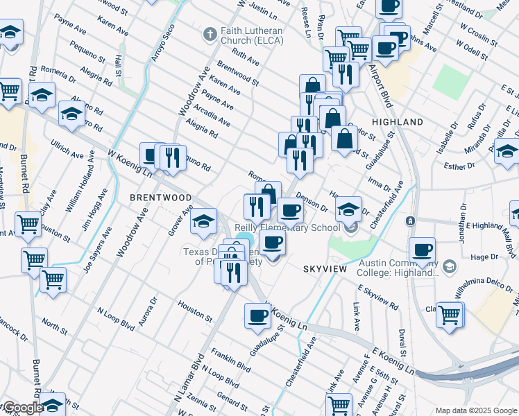 map of restaurants, bars, coffee shops, grocery stores, and more near 903 Romeria Drive in Austin