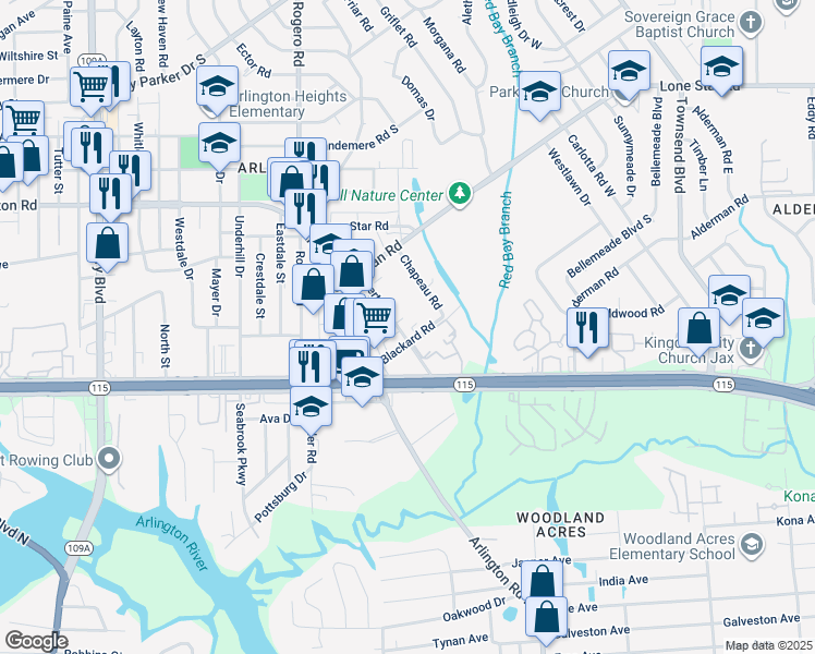 map of restaurants, bars, coffee shops, grocery stores, and more near 1001 Bert Road in Jacksonville
