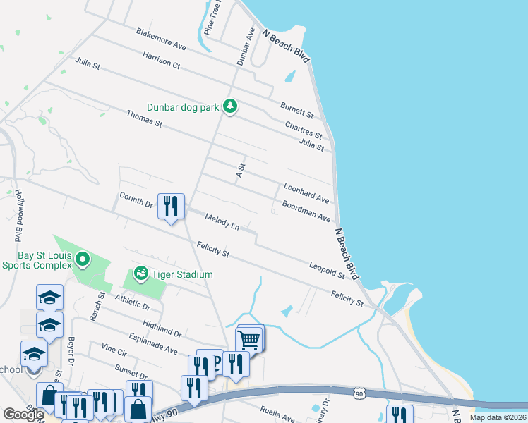 map of restaurants, bars, coffee shops, grocery stores, and more near 212 Boardman Avenue in Bay St. Louis