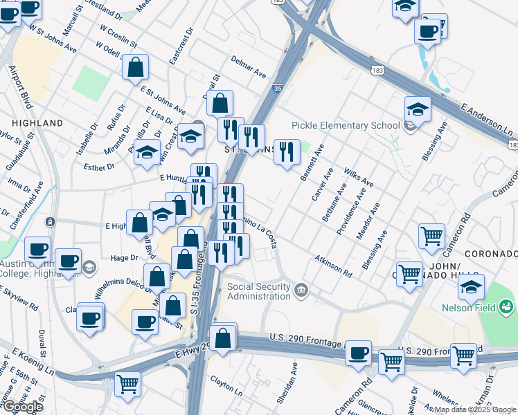 map of restaurants, bars, coffee shops, grocery stores, and more near 824 Camino La Costa in Austin