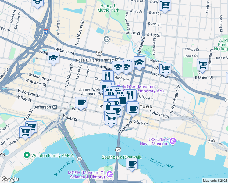 map of restaurants, bars, coffee shops, grocery stores, and more near 400 North Laura Street in Jacksonville