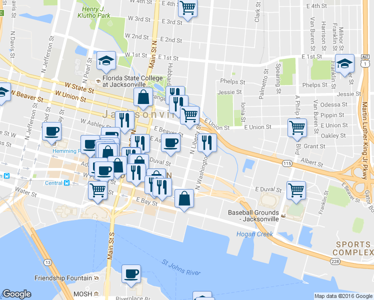 map of restaurants, bars, coffee shops, grocery stores, and more near 318 East Ashley Street in Jacksonville