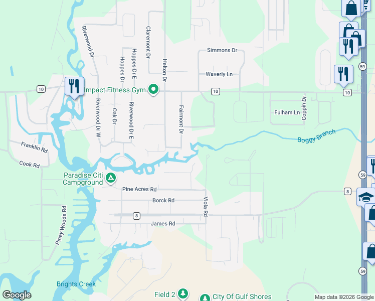 map of restaurants, bars, coffee shops, grocery stores, and more near 19180 County Road 10 in Foley