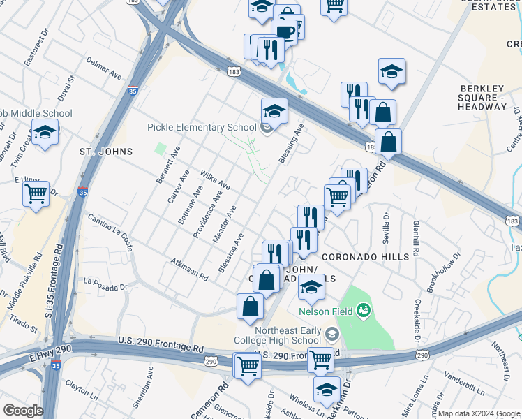 map of restaurants, bars, coffee shops, grocery stores, and more near 7306 Grand Canyon Drive in Austin