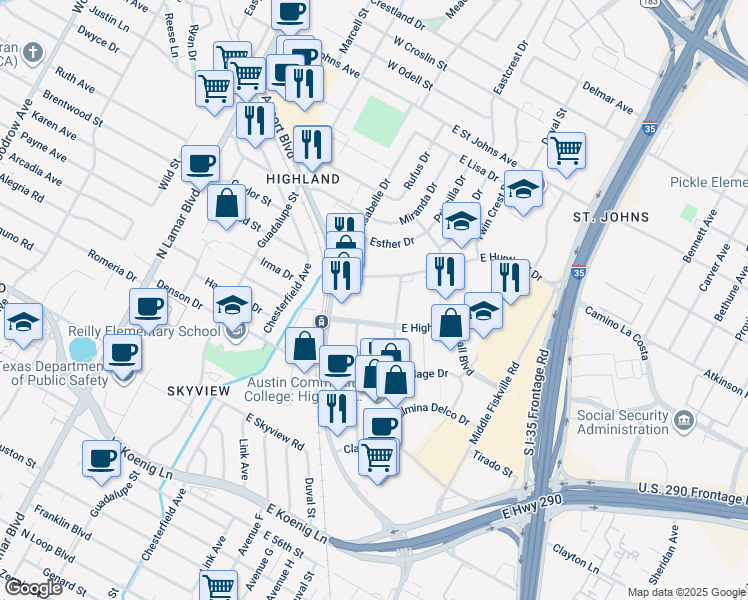 map of restaurants, bars, coffee shops, grocery stores, and more near 101-199 Huntland Drive West in Austin
