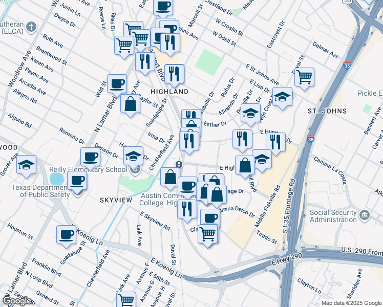 map of restaurants, bars, coffee shops, grocery stores, and more near 101-199 Huntland Drive West in Austin
