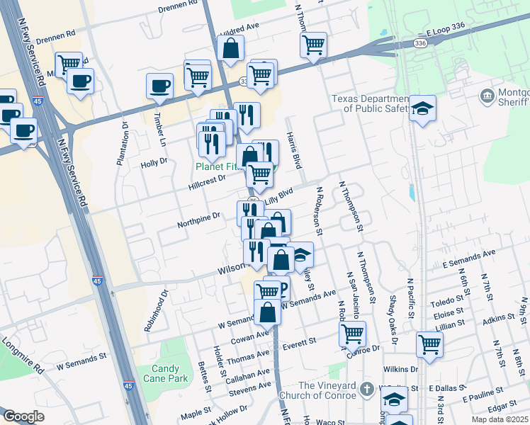 map of restaurants, bars, coffee shops, grocery stores, and more near 521 Lilly Boulevard in Conroe