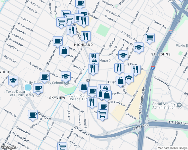 map of restaurants, bars, coffee shops, grocery stores, and more near 6501 Airport Boulevard in Austin