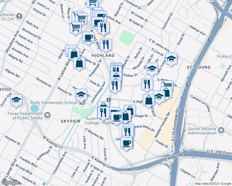 map of restaurants, bars, coffee shops, grocery stores, and more near 6501 Airport Boulevard in Austin