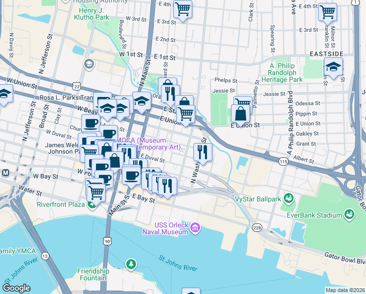map of restaurants, bars, coffee shops, grocery stores, and more near 318 East Ashley Street in Jacksonville