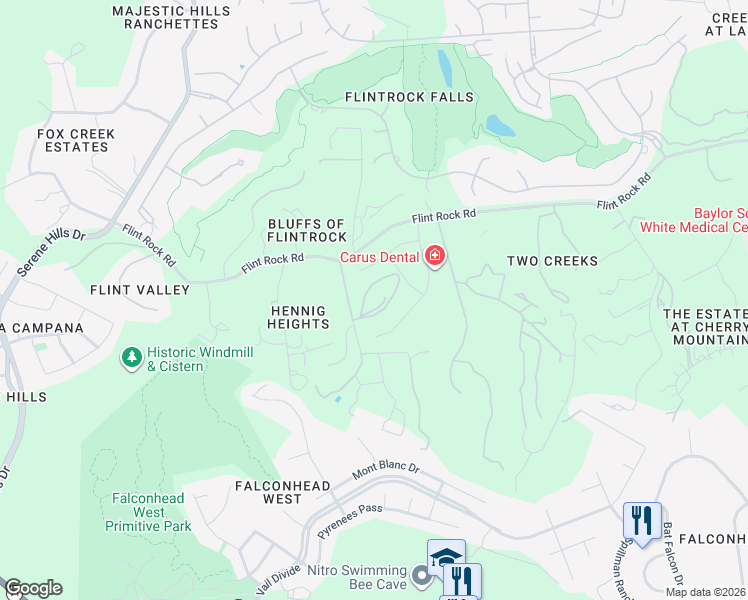 map of restaurants, bars, coffee shops, grocery stores, and more near 16219 Flintrock Road in Austin