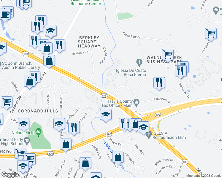 map of restaurants, bars, coffee shops, grocery stores, and more near 2210 Ridgepoint Drive in Austin
