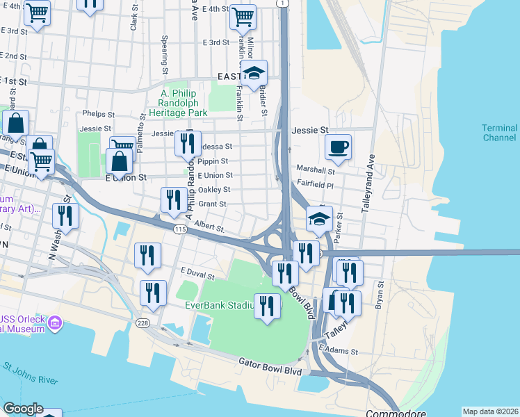 map of restaurants, bars, coffee shops, grocery stores, and more near 701 Bridier Street in Jacksonville