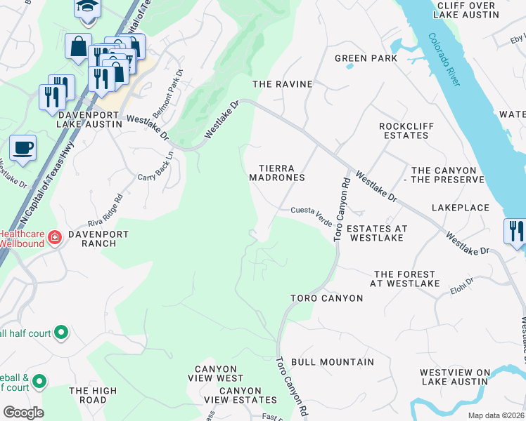 map of restaurants, bars, coffee shops, grocery stores, and more near 5305 Cuesta Verde in Austin