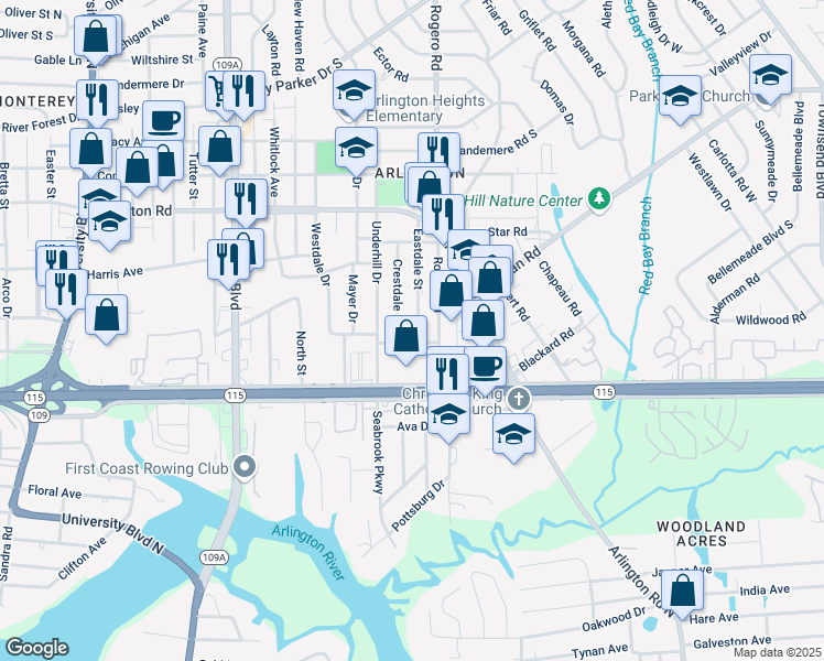 map of restaurants, bars, coffee shops, grocery stores, and more near in Jacksonville