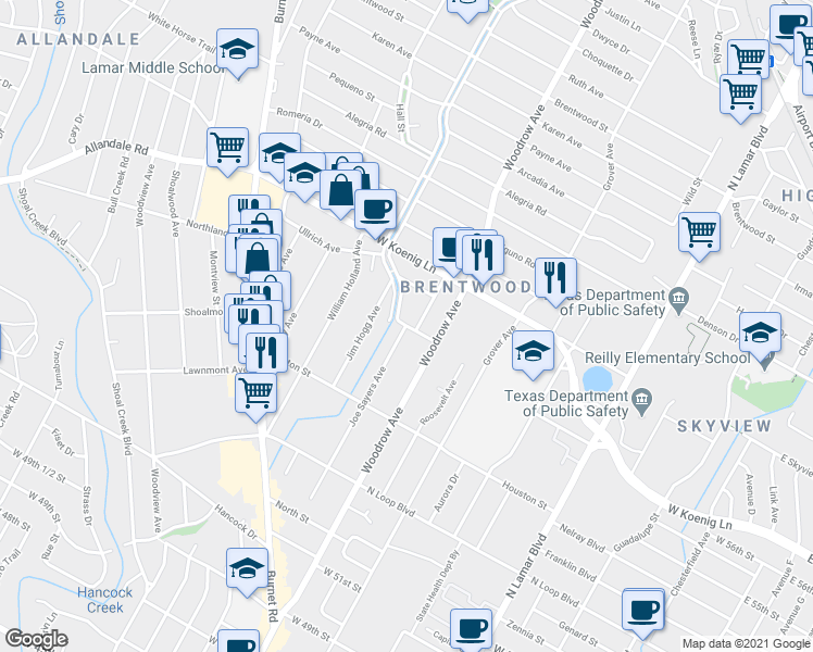 map of restaurants, bars, coffee shops, grocery stores, and more near Joe Sayers Ave & Theckla Terrace in Austin
