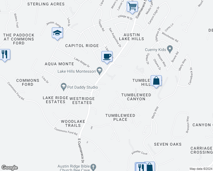 map of restaurants, bars, coffee shops, grocery stores, and more near 513 Cuernavaca Drive North in Austin