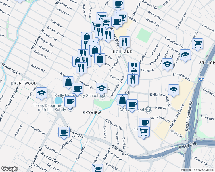 map of restaurants, bars, coffee shops, grocery stores, and more near 409 Wilmes Drive in Austin