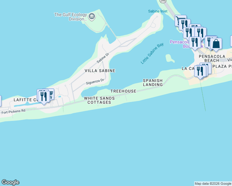 map of restaurants, bars, coffee shops, grocery stores, and more near 422 Fort Pickens Road in Pensacola Beach
