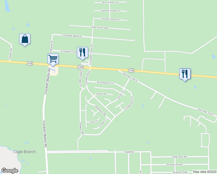 map of restaurants, bars, coffee shops, grocery stores, and more near 16471 Brittany Way in Conroe