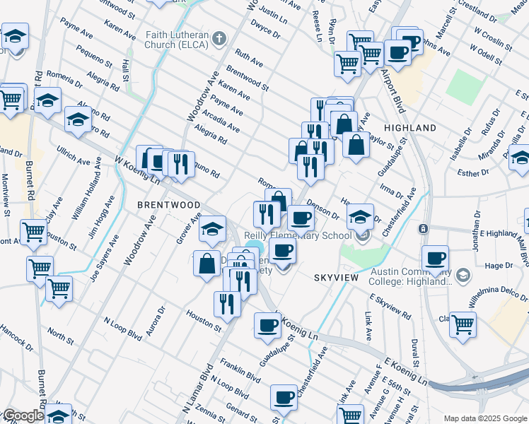 map of restaurants, bars, coffee shops, grocery stores, and more near 6008 North Lamar Boulevard in Austin