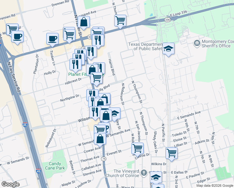map of restaurants, bars, coffee shops, grocery stores, and more near 504 Billie Bess Lane in Conroe