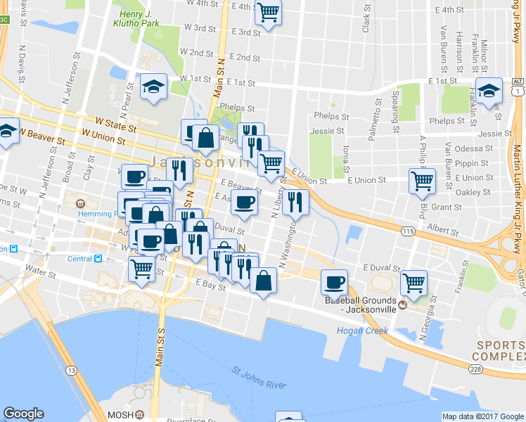map of restaurants, bars, coffee shops, grocery stores, and more near 318 East Ashley Street in Jacksonville