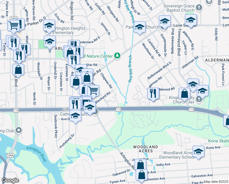 map of restaurants, bars, coffee shops, grocery stores, and more near 909 Chapeau Road in Jacksonville