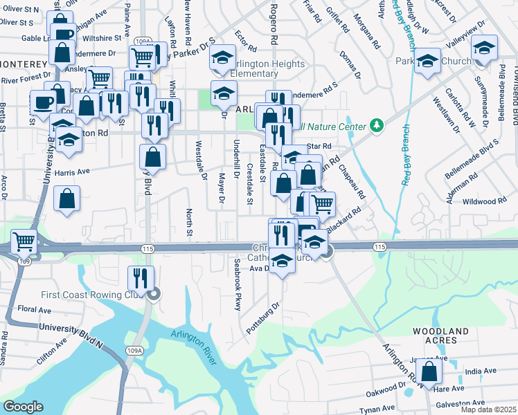 map of restaurants, bars, coffee shops, grocery stores, and more near in Jacksonville