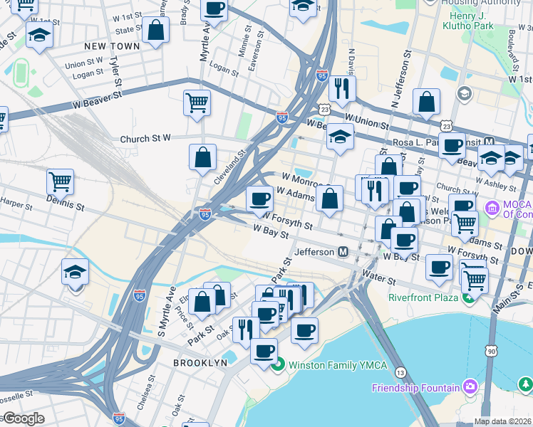 map of restaurants, bars, coffee shops, grocery stores, and more near 1-99 Stuart St in Jacksonville