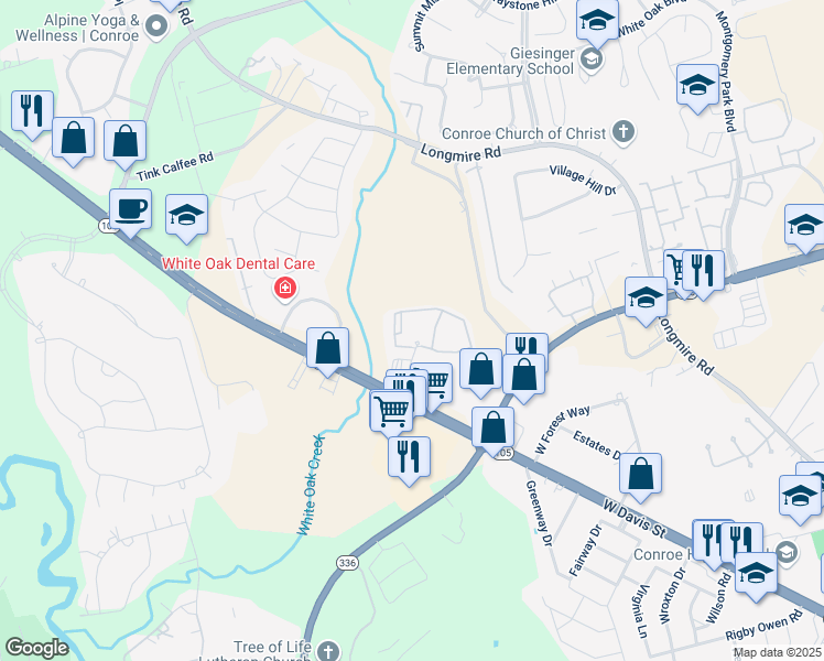 map of restaurants, bars, coffee shops, grocery stores, and more near 200 Fountains Lane in Conroe