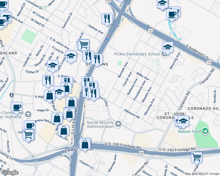 map of restaurants, bars, coffee shops, grocery stores, and more near 901 East Saint Johns Avenue in Austin