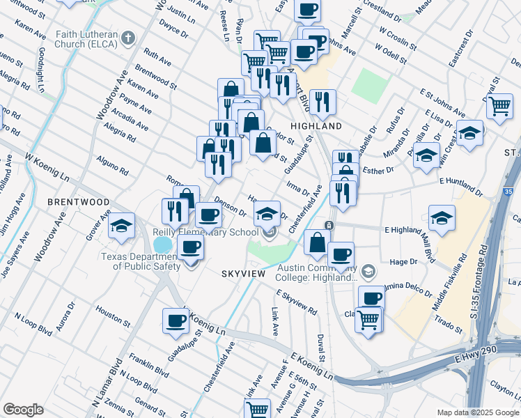 map of restaurants, bars, coffee shops, grocery stores, and more near 606 Hammack Drive in Austin