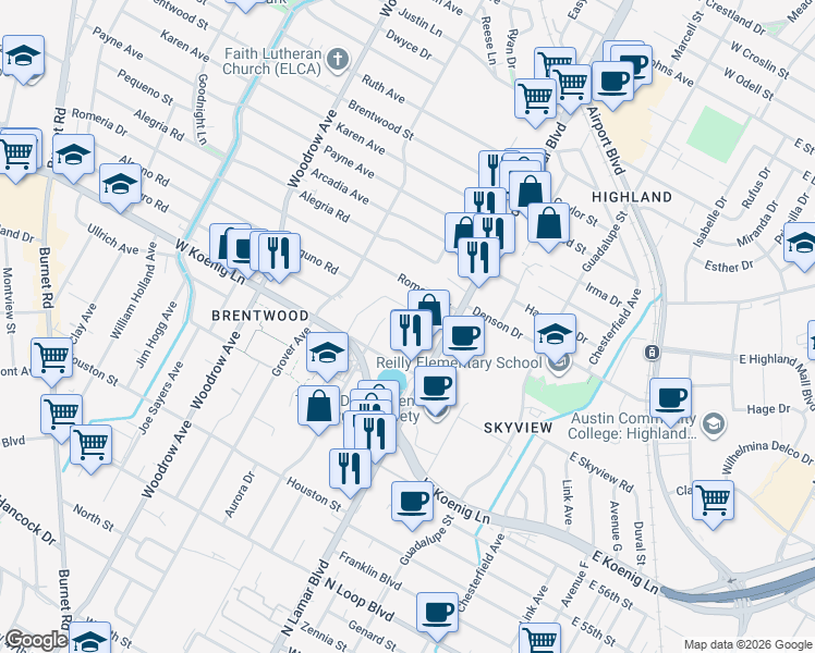 map of restaurants, bars, coffee shops, grocery stores, and more near 5914 Sunshine Drive in Austin