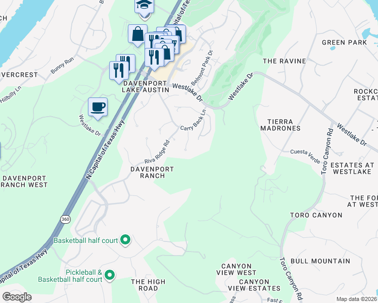 map of restaurants, bars, coffee shops, grocery stores, and more near 3408 Day Star Cove in Austin