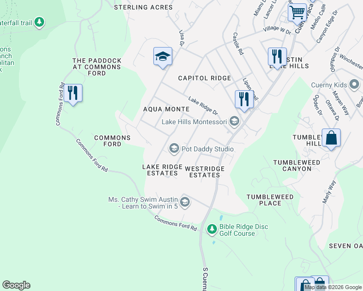 map of restaurants, bars, coffee shops, grocery stores, and more near 105 Laurelwood Drive North in Austin