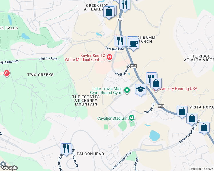 map of restaurants, bars, coffee shops, grocery stores, and more near 3609 Peak Lookout Drive in Austin