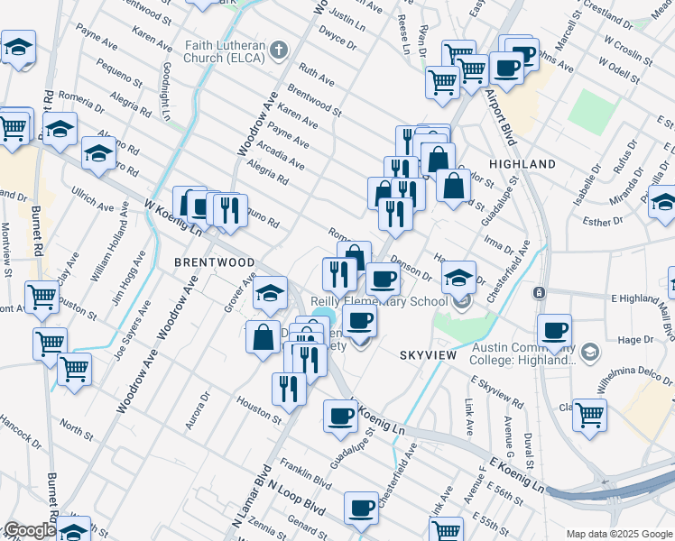 map of restaurants, bars, coffee shops, grocery stores, and more near 6008 North Lamar Boulevard in Austin