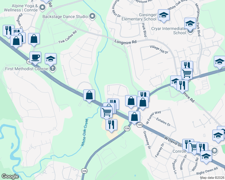 map of restaurants, bars, coffee shops, grocery stores, and more near 200 Fountains Lane in Conroe